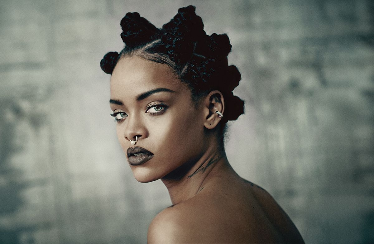 i-D Magazine Pre-Spring 2015: Music Issue. Model: Rihanna. Fashion Editor: Alastair Mckimm. Hair Stylist: Yusef Williams. Makeup Artist: Yadim. Nail Artist: Jenny Longworth. Set Designer: Jean-Hughes de Chatillon