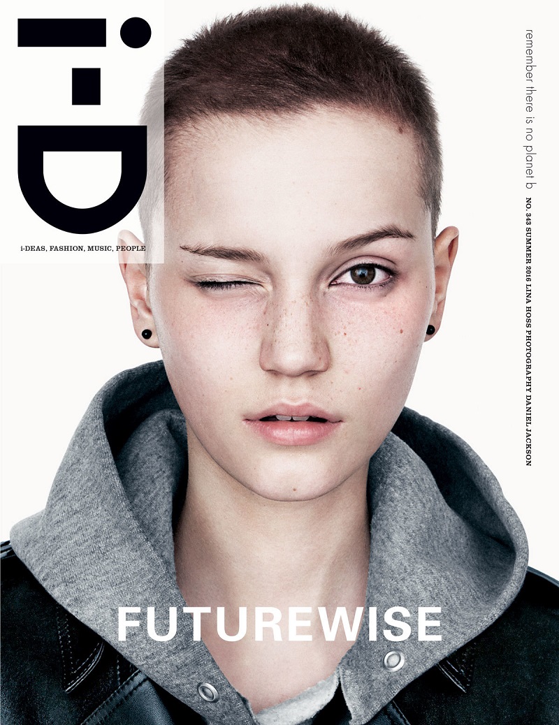 Lina Hoss By Daniel Jackson For i-D Magazine Summer 2016 Covers Futurewise Issue. Lina wears coat Anthony Vaccarello Fall-Winter 2016. Hoodie vintage Champion.