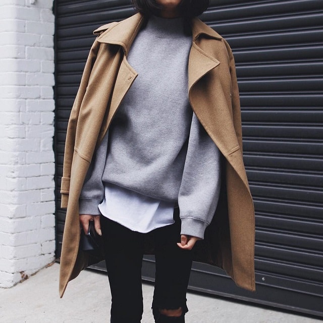 Petra Mackova Camel Coat Grey Sweatshirt Outfit