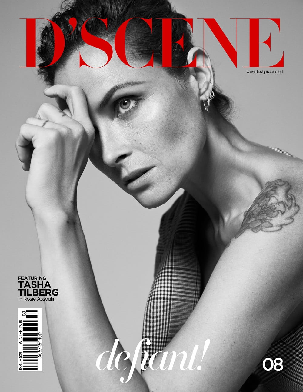 Tasha Tilberg Covers D’SCENE Magazine Winter 2018, wearing jacket from Rosie Assoulin Fall-Winter 2017 Collection