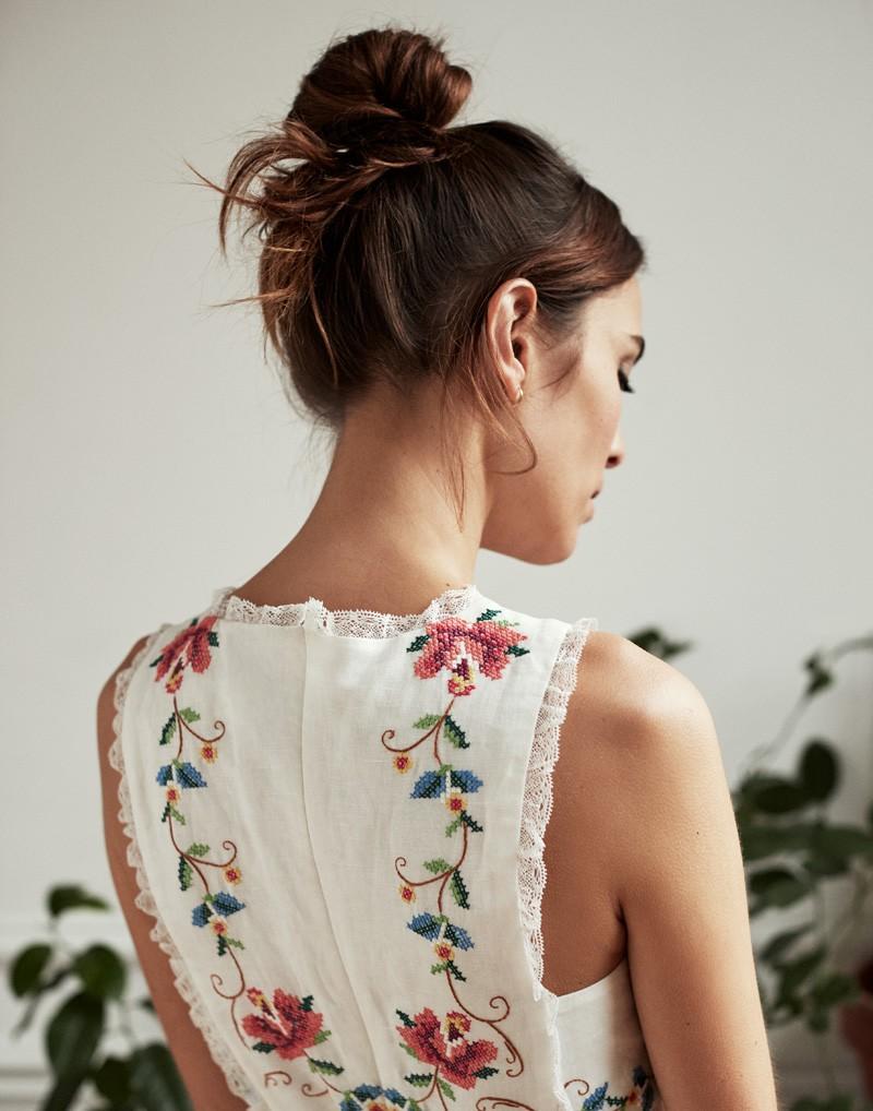 Alexa Chung in White Sleeveless Floral Embroidered Dress by Jason Kim for Grazia France February 2018