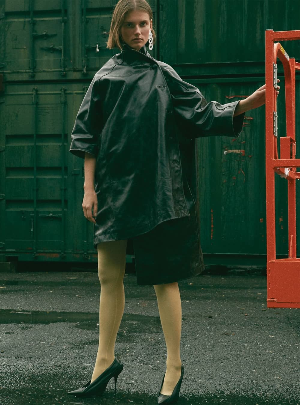 Giedre Dukauskaite by Nagi Sakai for Vogue Ukraine May 2018 - Leather Coat, Shoes Balenciaga