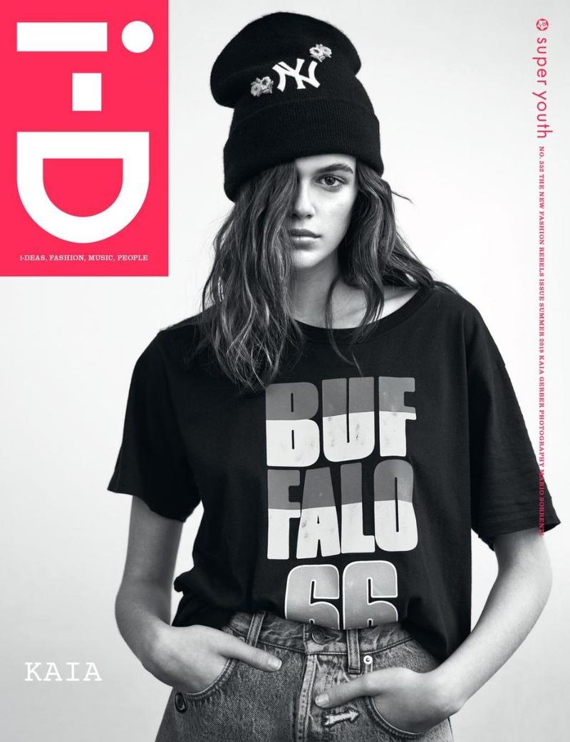 Kaia Gerber Covers i-D Magazine Summer 2018. Top, jeans and hat Gucci.