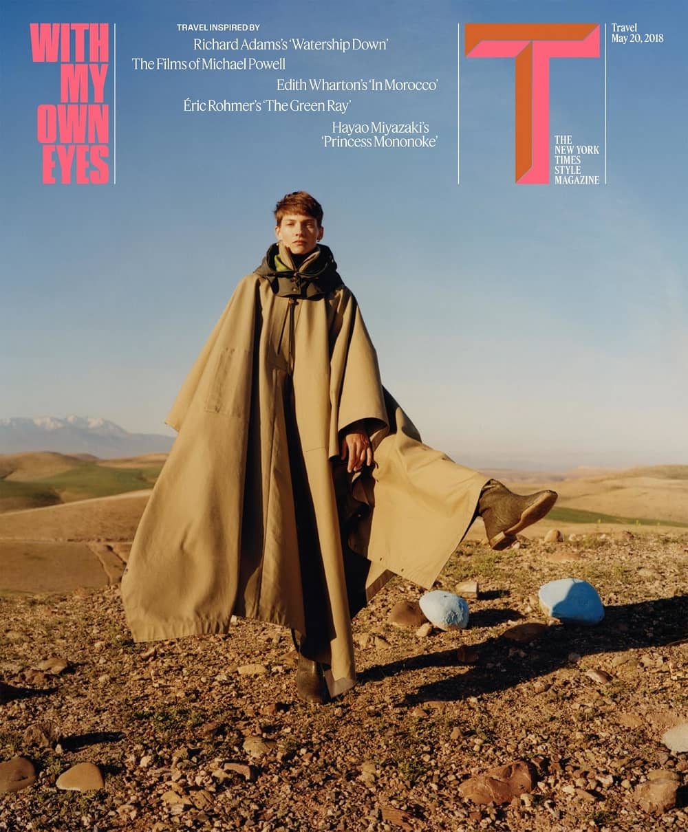 Karolin Wolter Covers The New York Times Style Magazine May 2018 - Travel Issue - Marrakesh, Morocco - Salvatore Ferragamo Cape Hood Sweater Shoes
