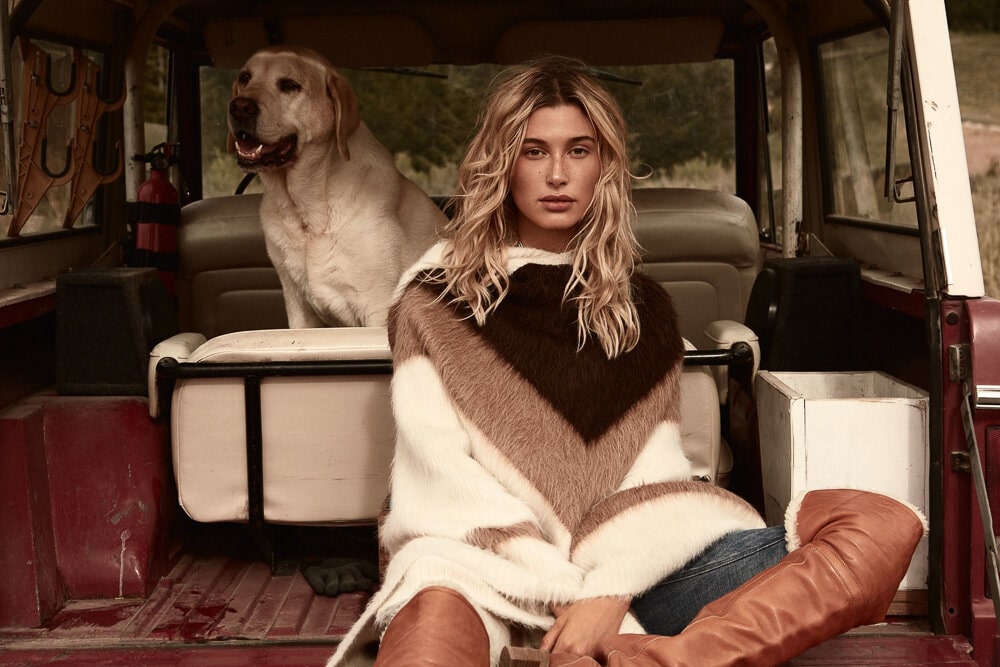 Hailey Bieber by Daniel Jackson for American Vogue October 2019 Celine by Hedi Slimane poncho, jeans, boots