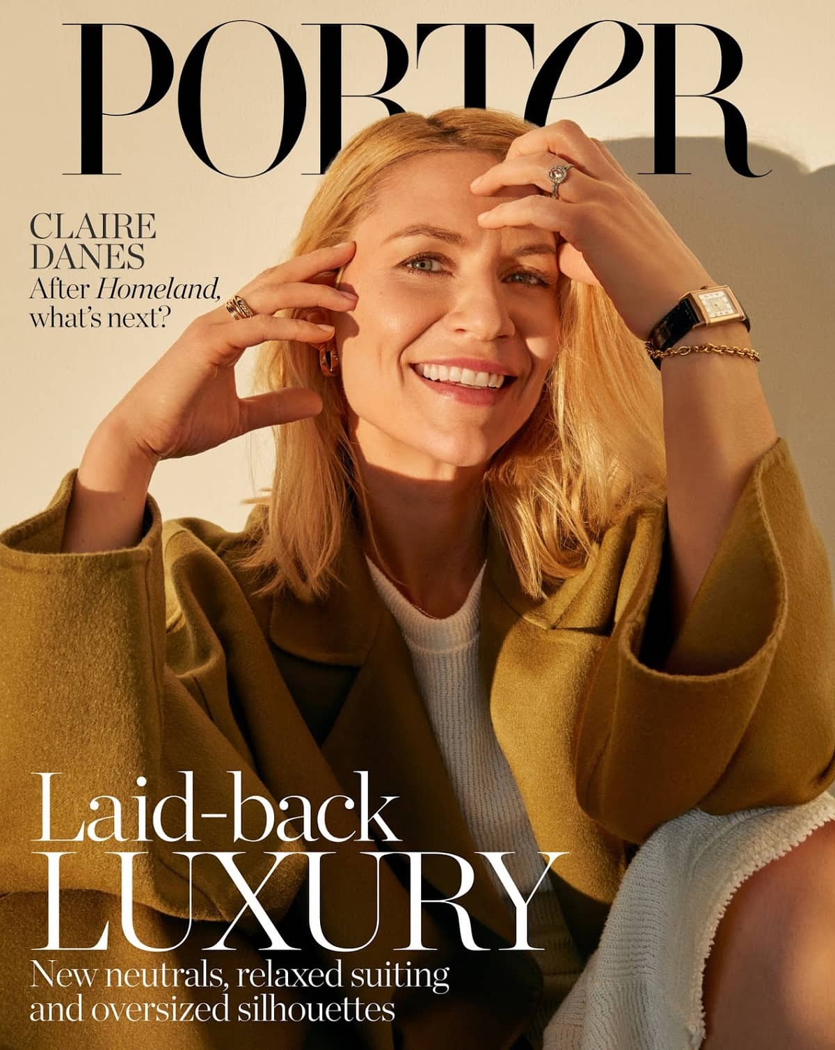 Claire Danes Covers Porter Edit Magazine February 2020 Clothing & Accessories: Coat by Loewe; dress by Jil Sander; necklace and bracelet by Loren Stewart; watch by Jaeger-LeCoultre; rings by Sarah & Sebastian, Stvdio; earrings by Anita Ko