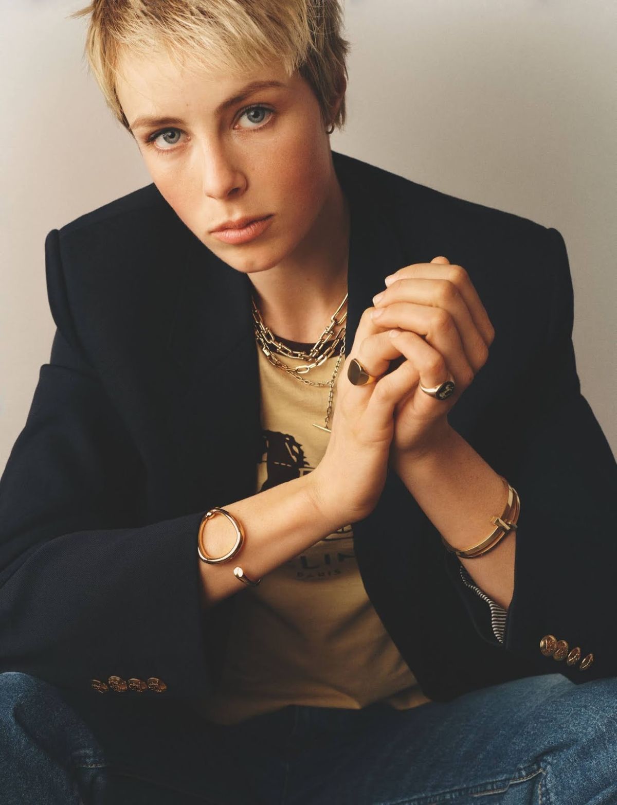 Edie Campbell by Scott Trindle for British Vogue May 2021. Clothing: Jacket, T-Shirt, Jeans by Celine; Jewelry by Stephen Webster, Annoushka, Zoe Chicco, Tiffany & Co., Pomellato, Rebus, Ferian