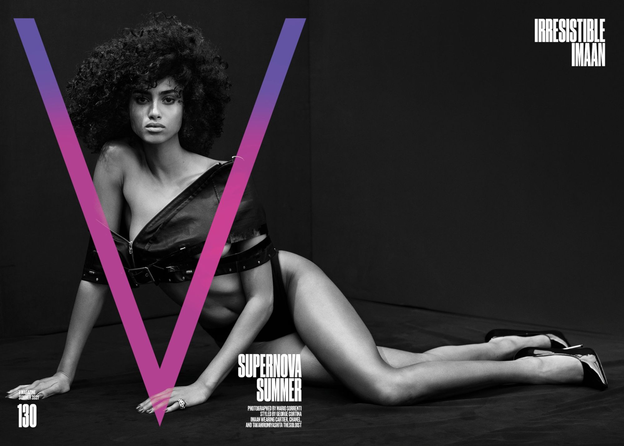 Imaan Hammam Covers V Magazine Summer 2021. Clothing & Jewelry: Top by Takahiromiyashita TheSoloist.; Bikini by Chanel; Shoes by Devious; Necklace, Ring by Cartier