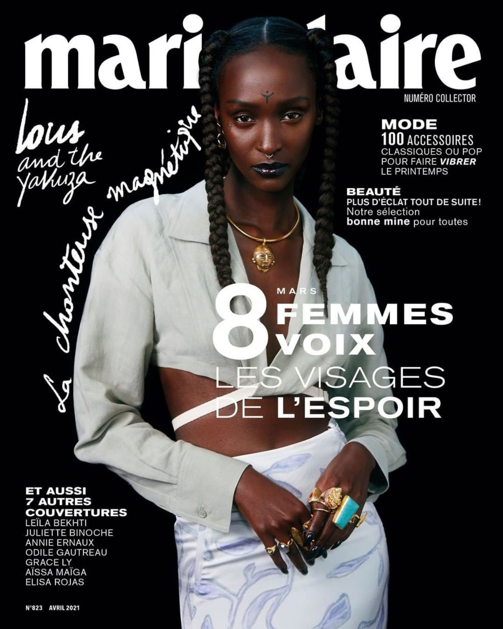 Lous and the Yakuza Covers Marie Claire France April 2021. Clothing: Jacquemus leaves-pattern long skirt / Jacquemus La chemise Laurier cropped shirt