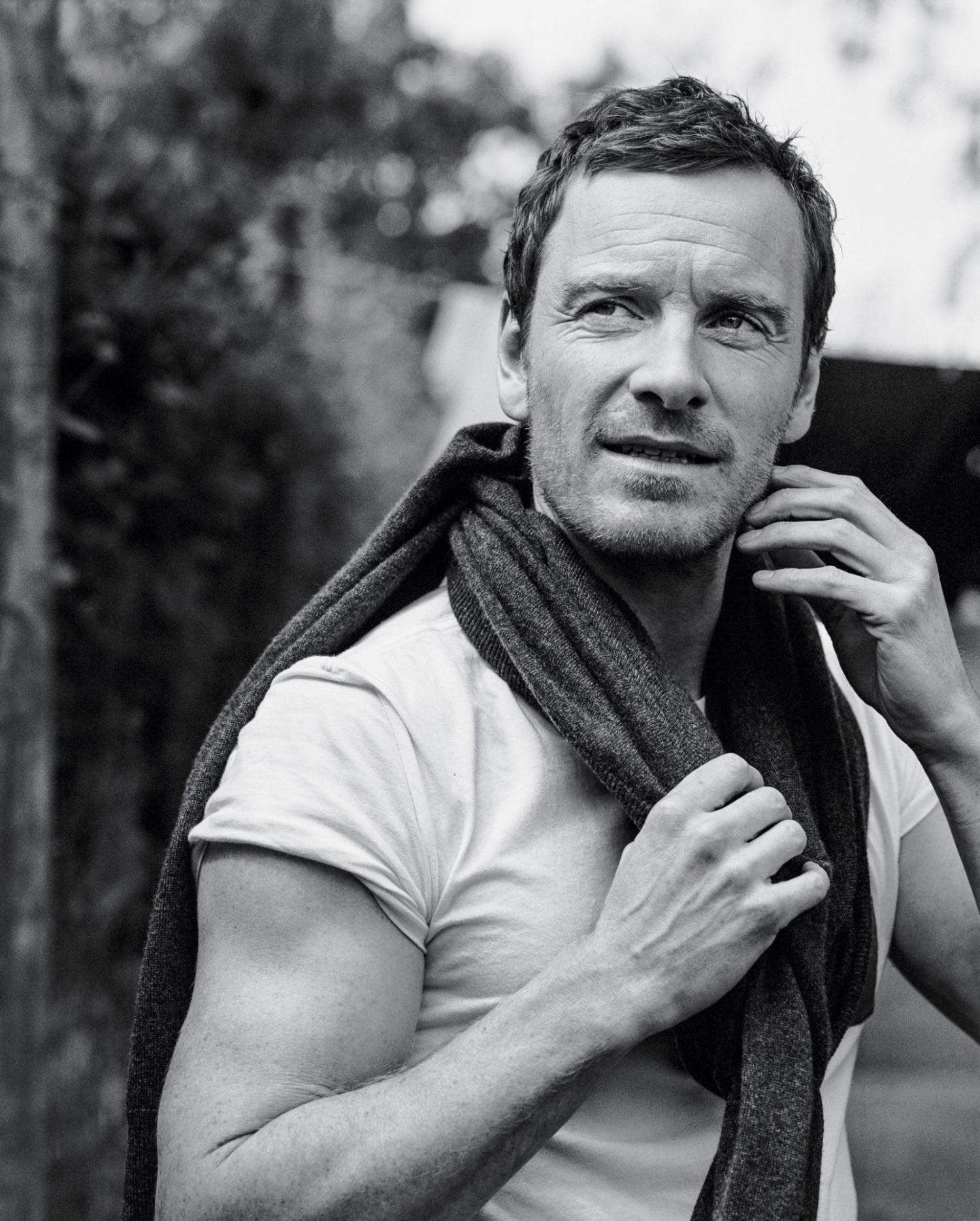 Michael Fassbender by Bruce Weber for The New York Times Style Magazine Fall 2015. Clothing: Louis Vuitton sweater; J. Crew T-shirt