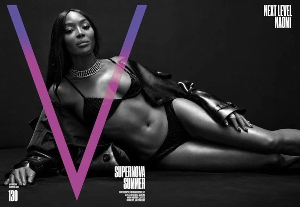 Naomi Campbell Covers V Magazine Summer 2021. Clothing & Jewelry: Coat, Boots by Burberry; Bikini by Tom Ford; Necklace by Cartier