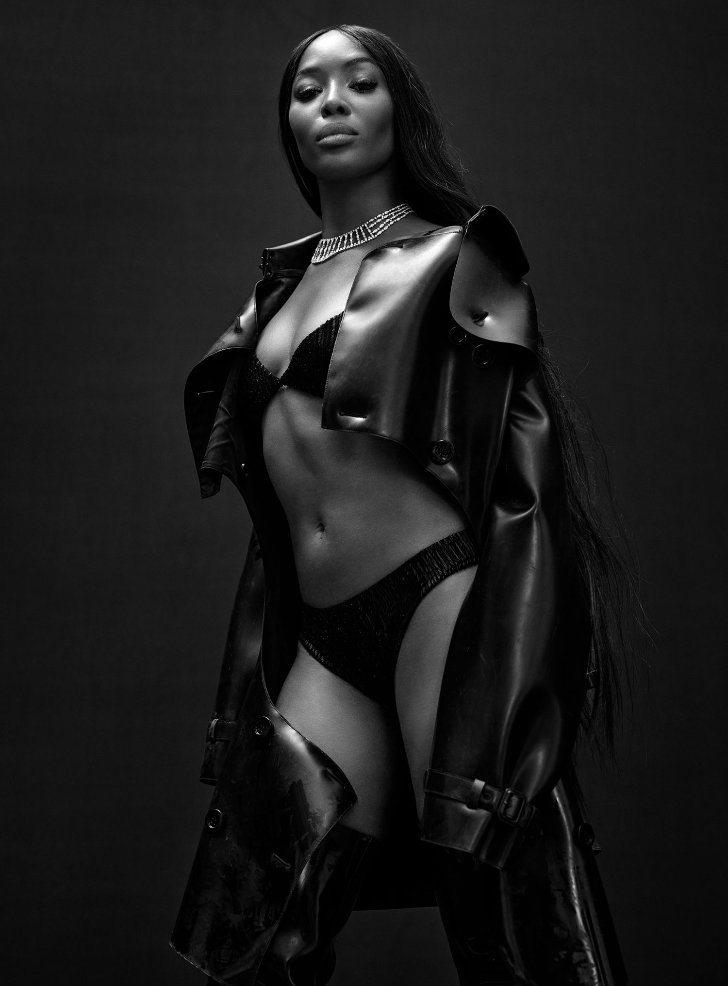 Supernova Summer: Naomi Campbell by Mario Sorrenti for V Magazine Summer 2021. Clothing & Jewelry: Coat, Boots by Burberry; Bikini by Tom Ford; Necklace by Cartier
