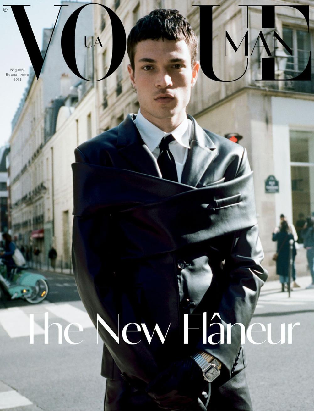 Luka Isaac by Pierre-Ange Carlotti for Vogue Ukraine Man Spring-Summer 2021. Clothing & Accessories: Jacket, trousers by GMBH / Prada classic white shirt / Tie by Prada / Watches by Cartier