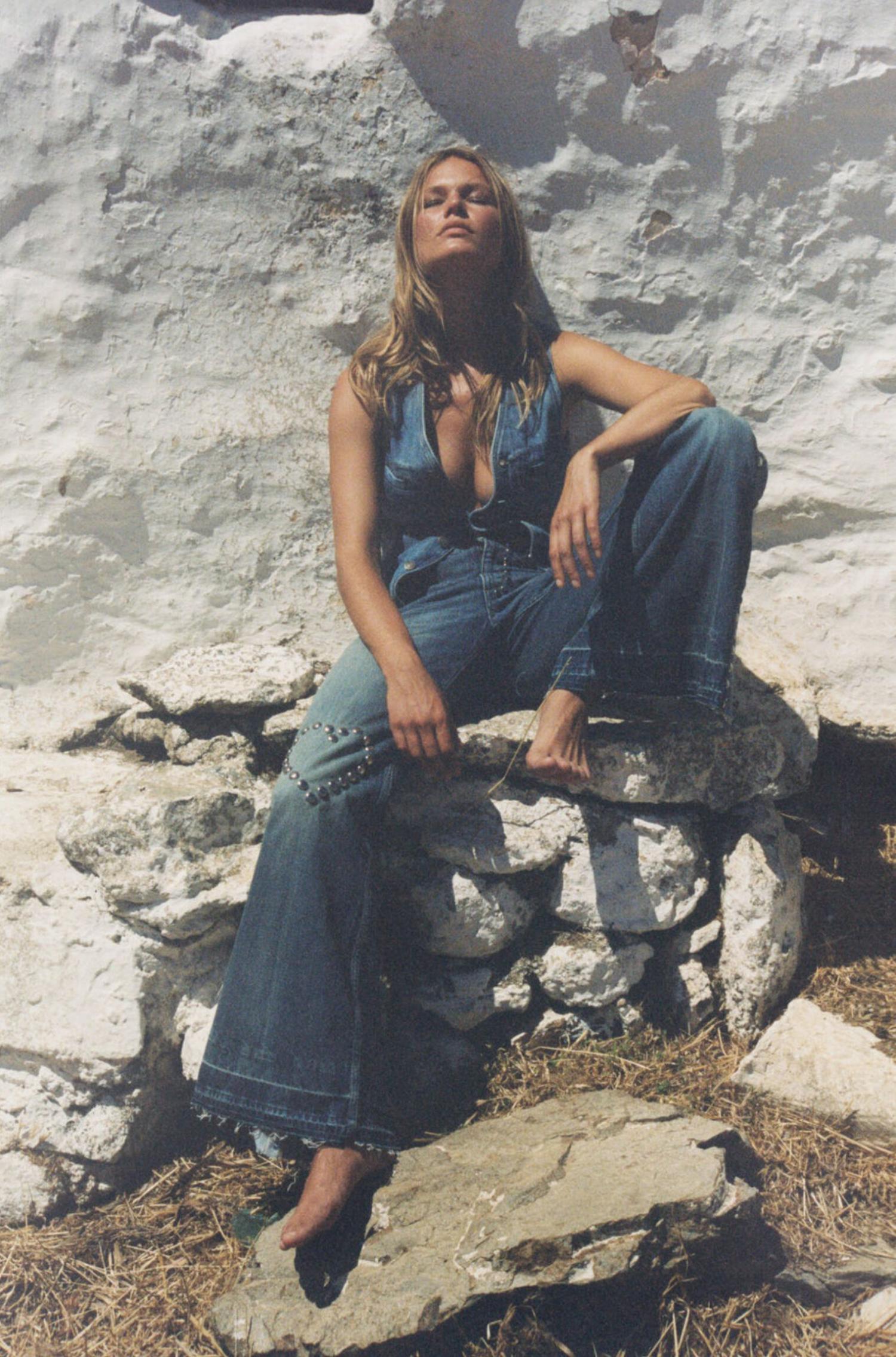 Clothing: Denim Gilet and Jeans by Gucci; Makeup using Dior Beauty