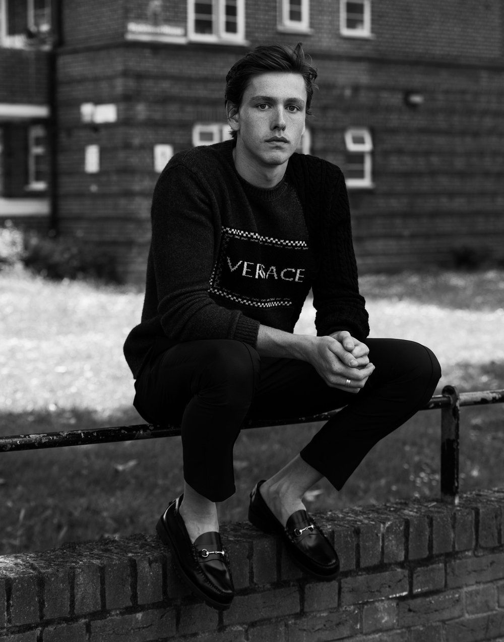 Harris Dickinson by Justin Campbell for Flaunt Magazine Summer 2018. VERSACE sweatshirt, VALENTINO pants, GH BASS shoes