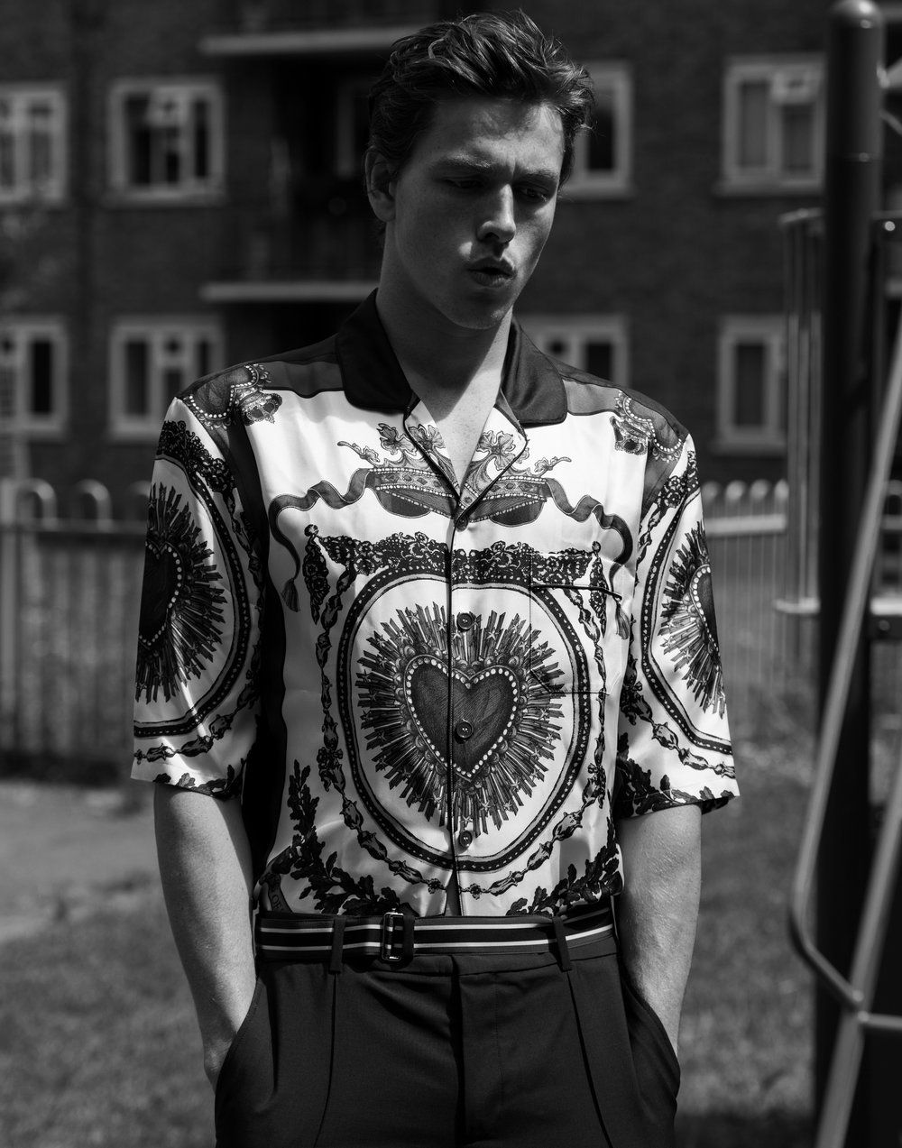 Harris Dickinson by Justin Campbell for Flaunt Magazine Summer 2018. DOLCE & GABBANA shirt, VALENTINO pants