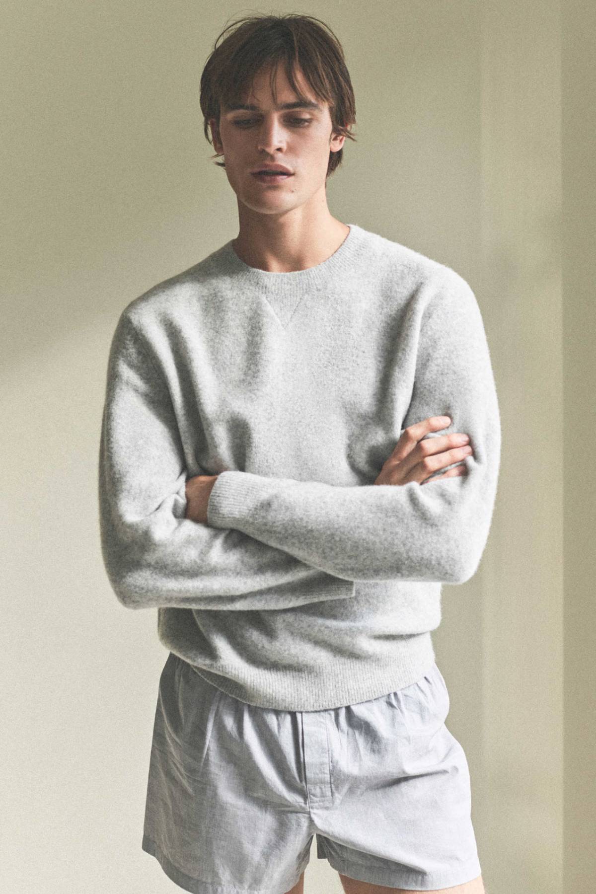 Parker Van Noord for Pause by COS Fall-Winter 2021 Ad Campaign Men's Loungewear Clothing: COS GRAY BOILED WOOL SWEATER / COS LIGHT GREY COTTON CHAMBRAY BOXERS