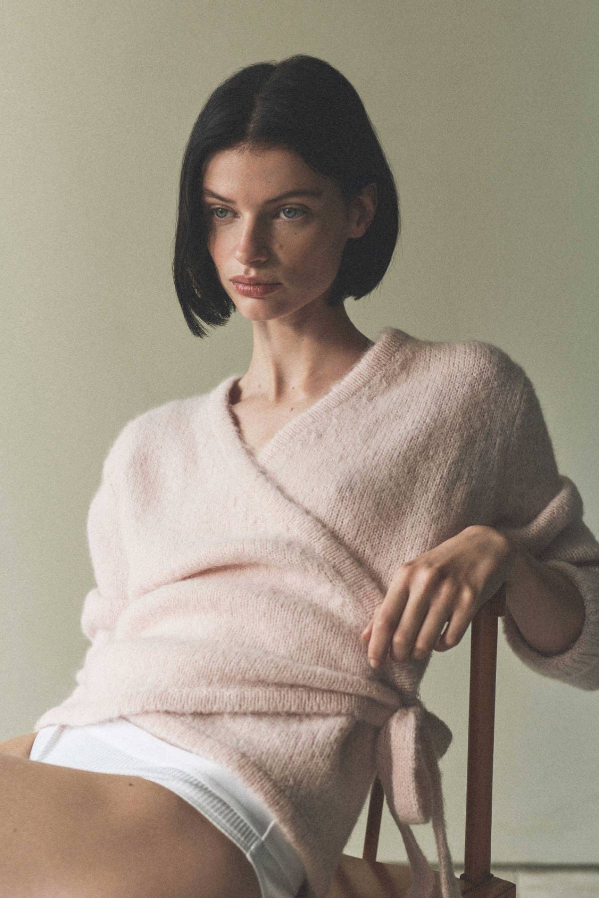 Women's Loungwear Pause by COS Fall-Winter 2021 Ad Campaign Clothing: COS LIGHT PINK WOOL WRAP CARDIGAN / COS WHITE RIBBED BRIEFS