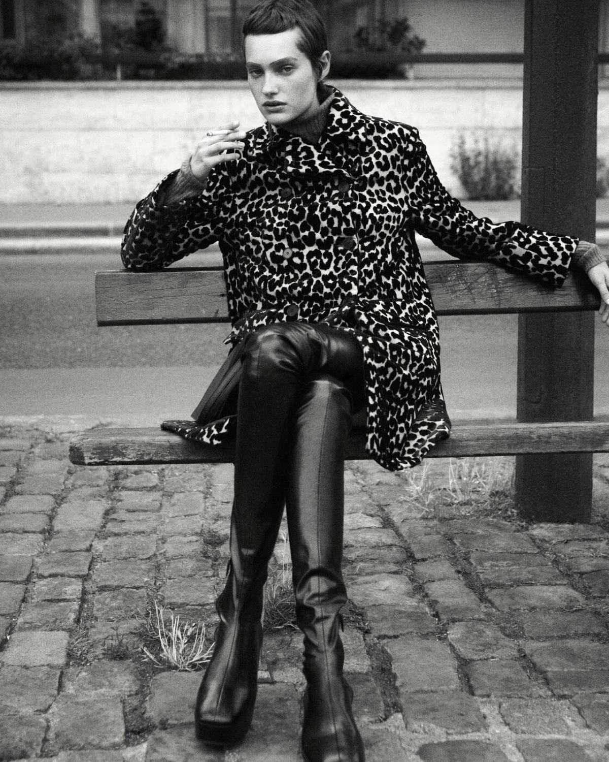Greta Hofer by Robin Galiegue for Self Service Magazine Fall-Winter 2021 Clothing & Accessories: Animal Print Coat by Dior / Over the Knee Leather Boots by Prada 
