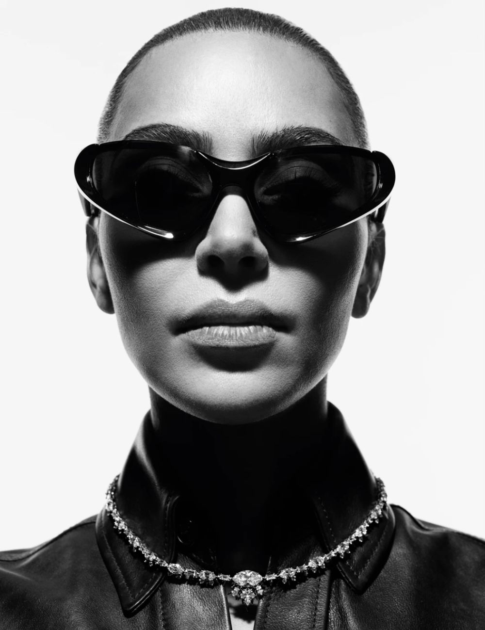 Kim Kardashian West by Mario Sorrenti for i-D Magazine Winter 2021 Clothing & Jewelry: Top and Sunglasses by Balenciaga; Necklace by Tiffany & Co.