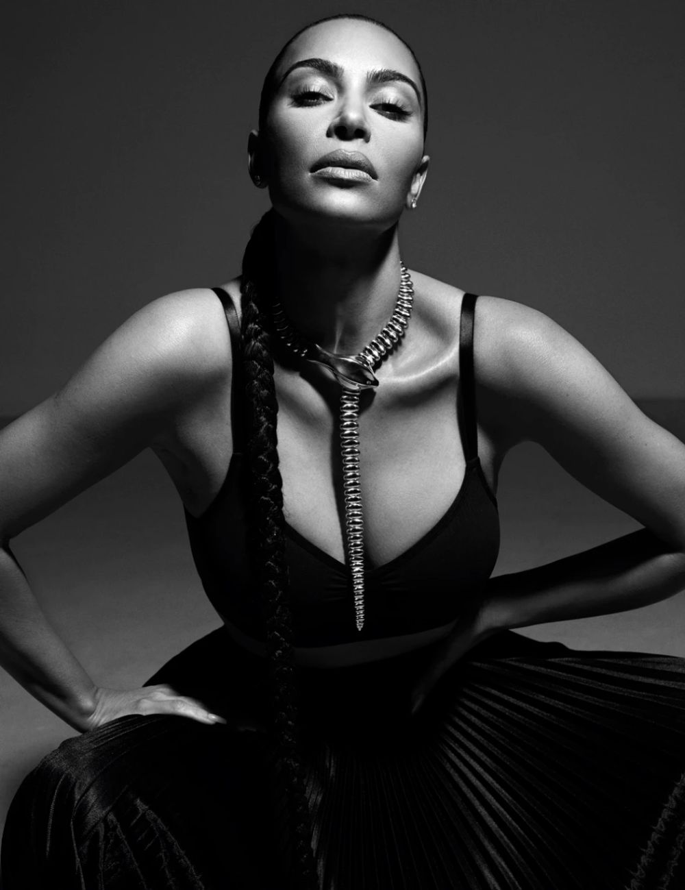 Kim Kardashian West by Mario Sorrenti for i-D Magazine Winter 2021 Clothing & Jewelry: Bodysuit by Skims; Skirt by Balenciaga; All Jewelry by Tiffany & Co. 