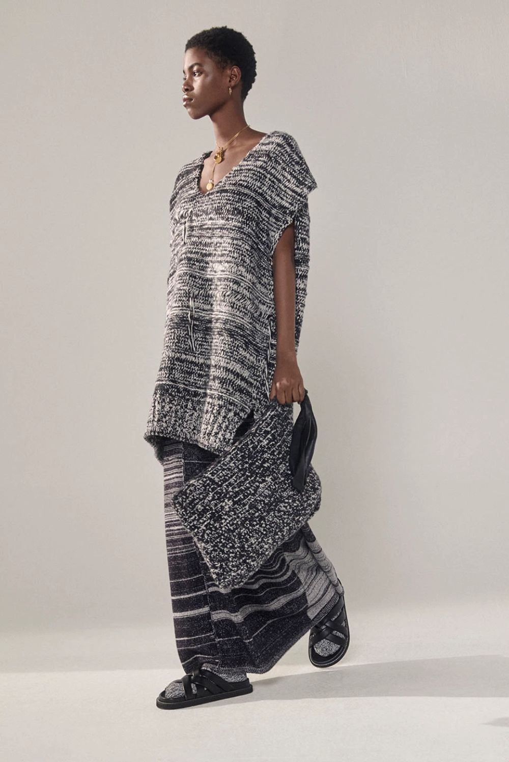 Joseph Texture Knit Poncho / Graphic Knit Skirt / Leather Jamila Sandals / Texture Knit Clutch Bag