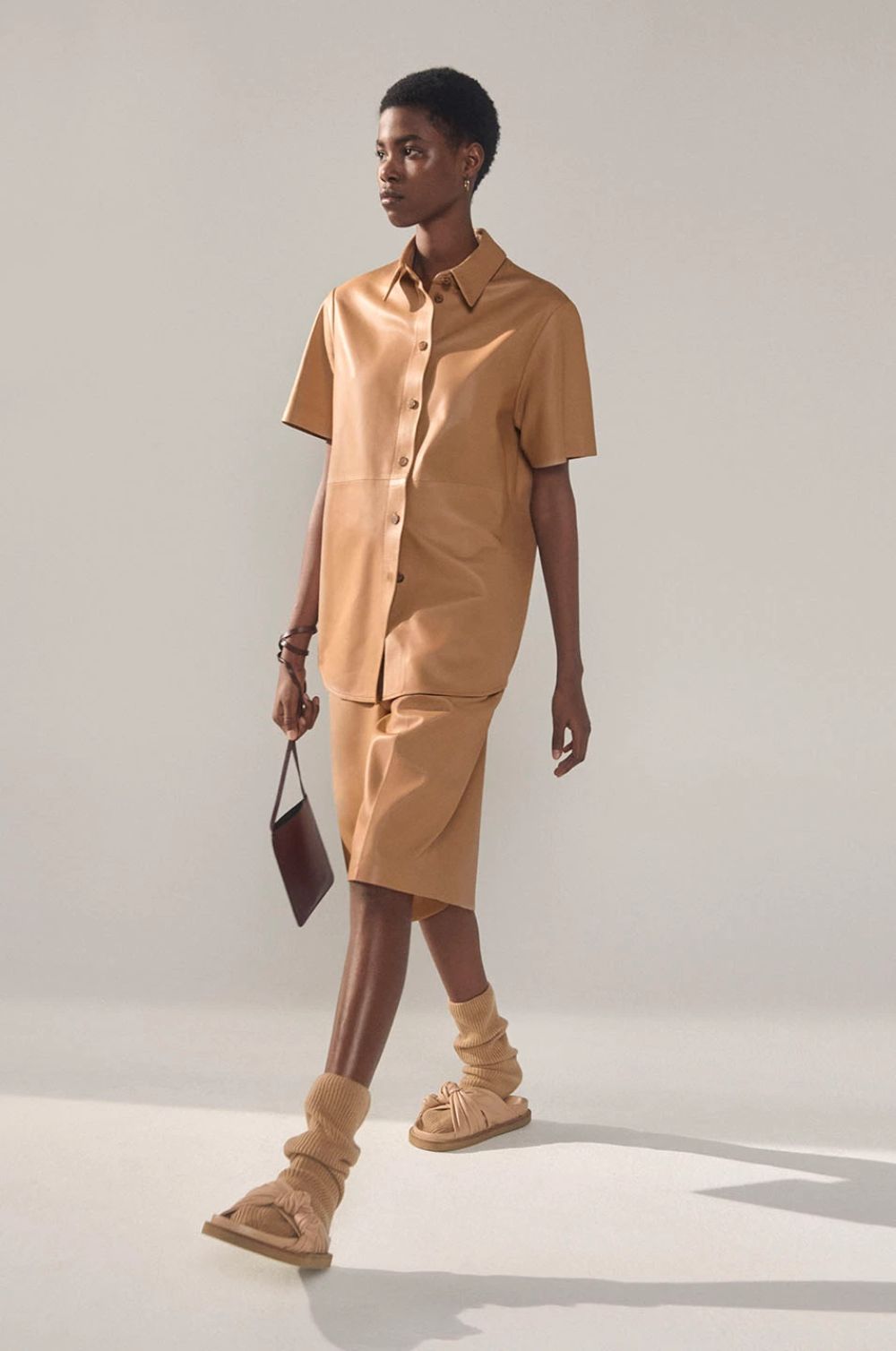 Joseph Spring-Summer Lookbook Nappa Leather Bruni Shirt / Nappa Leather Tarah Shorts / Leather Pocket Bag / Leather Big Knot Sandals