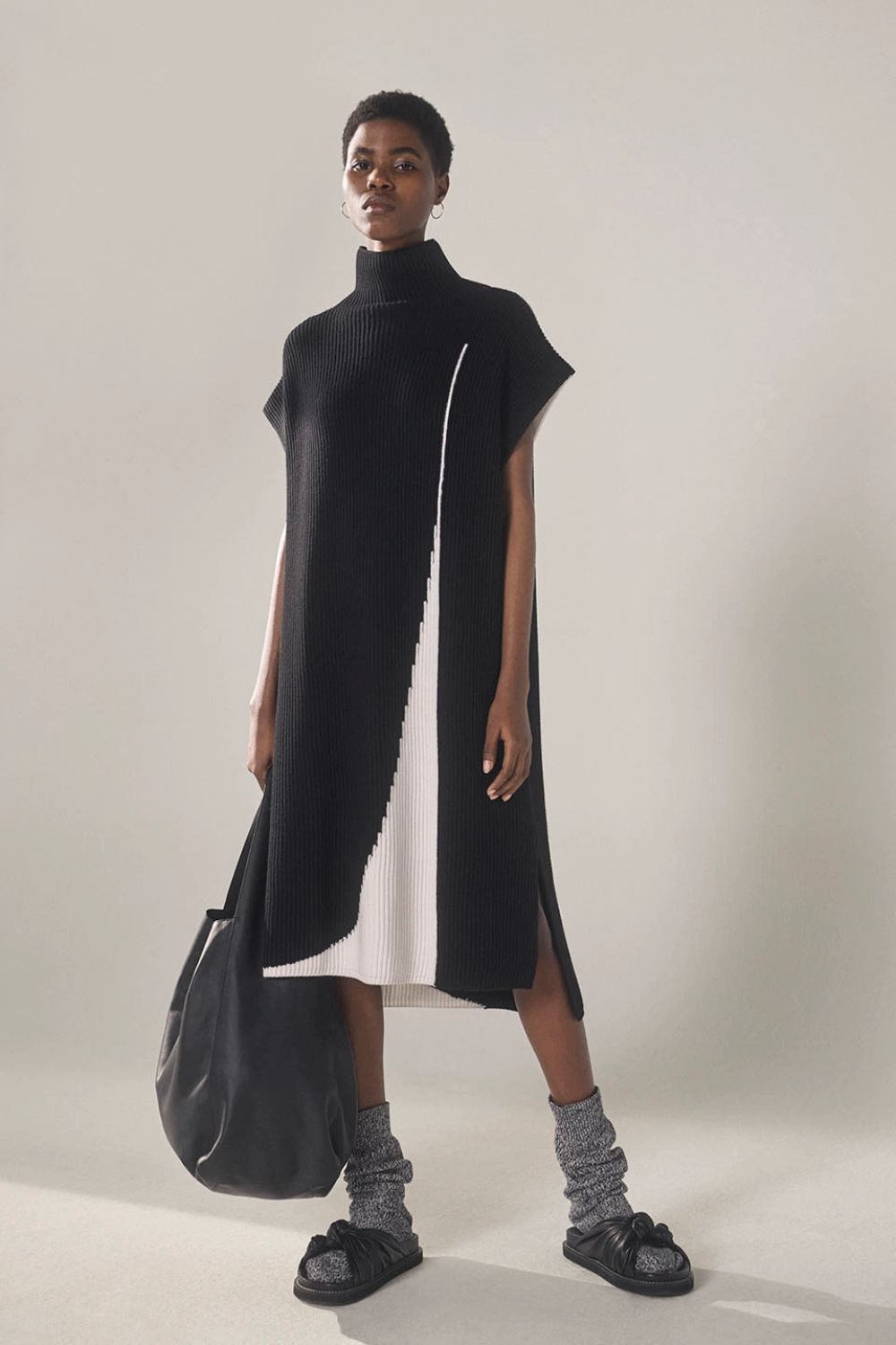 Joseph Intarsia Knit High Neck Dress / Slouch XL Bag / Leather Big Knot Sandals