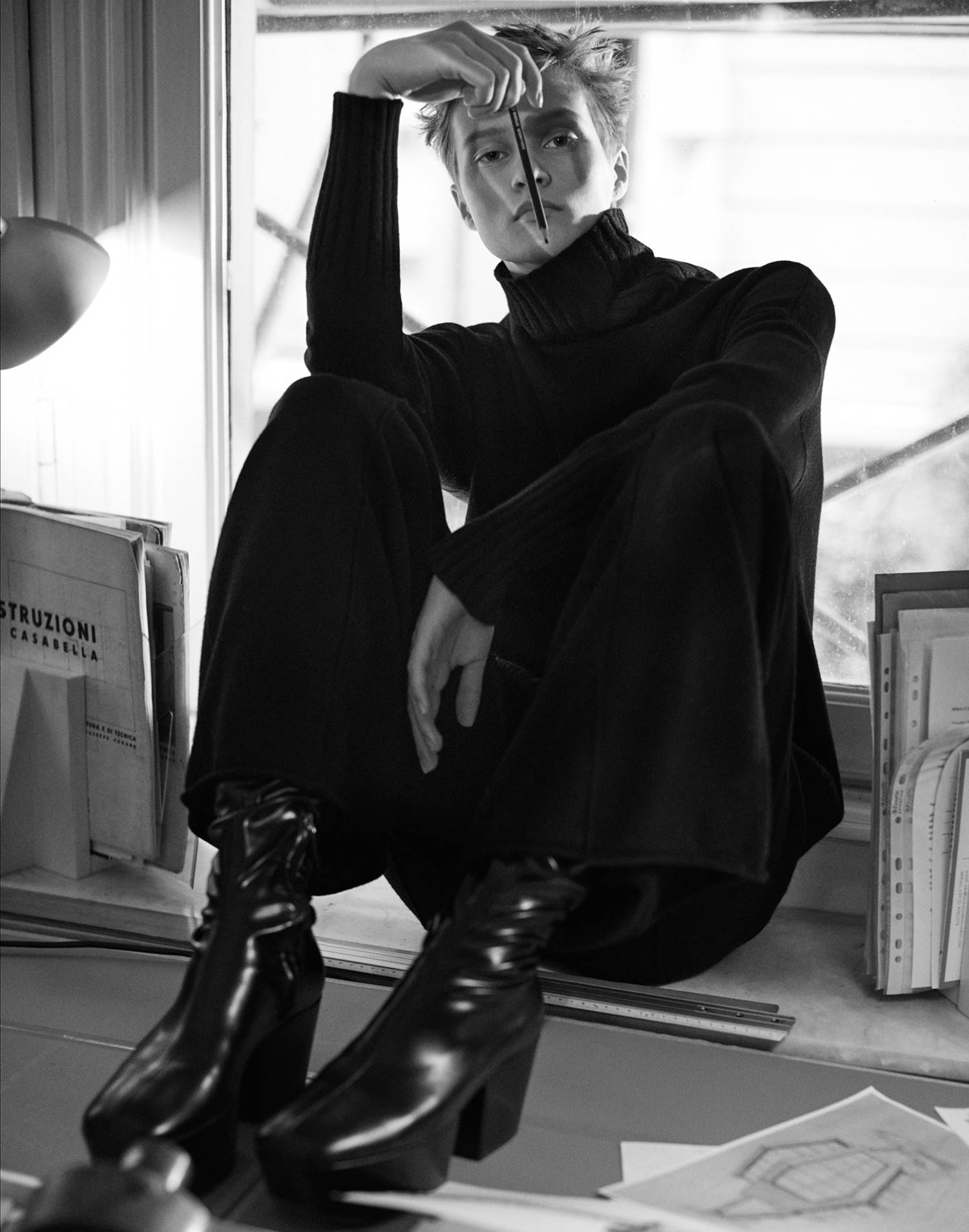 Sofia Hansson by Stefano Galuzzi for Marie Claire Italia November 2021 Clothing & Accessories: Turtleneck and cashmere trousers by Saisei; Boots by Prada