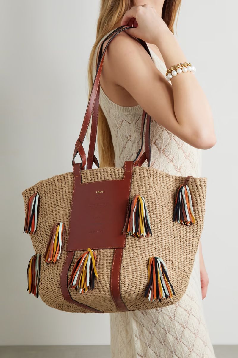 Brown Large leather-trimmed tasseled raffia basket bag  CHLOÉ  NET-A-PORTER Brand