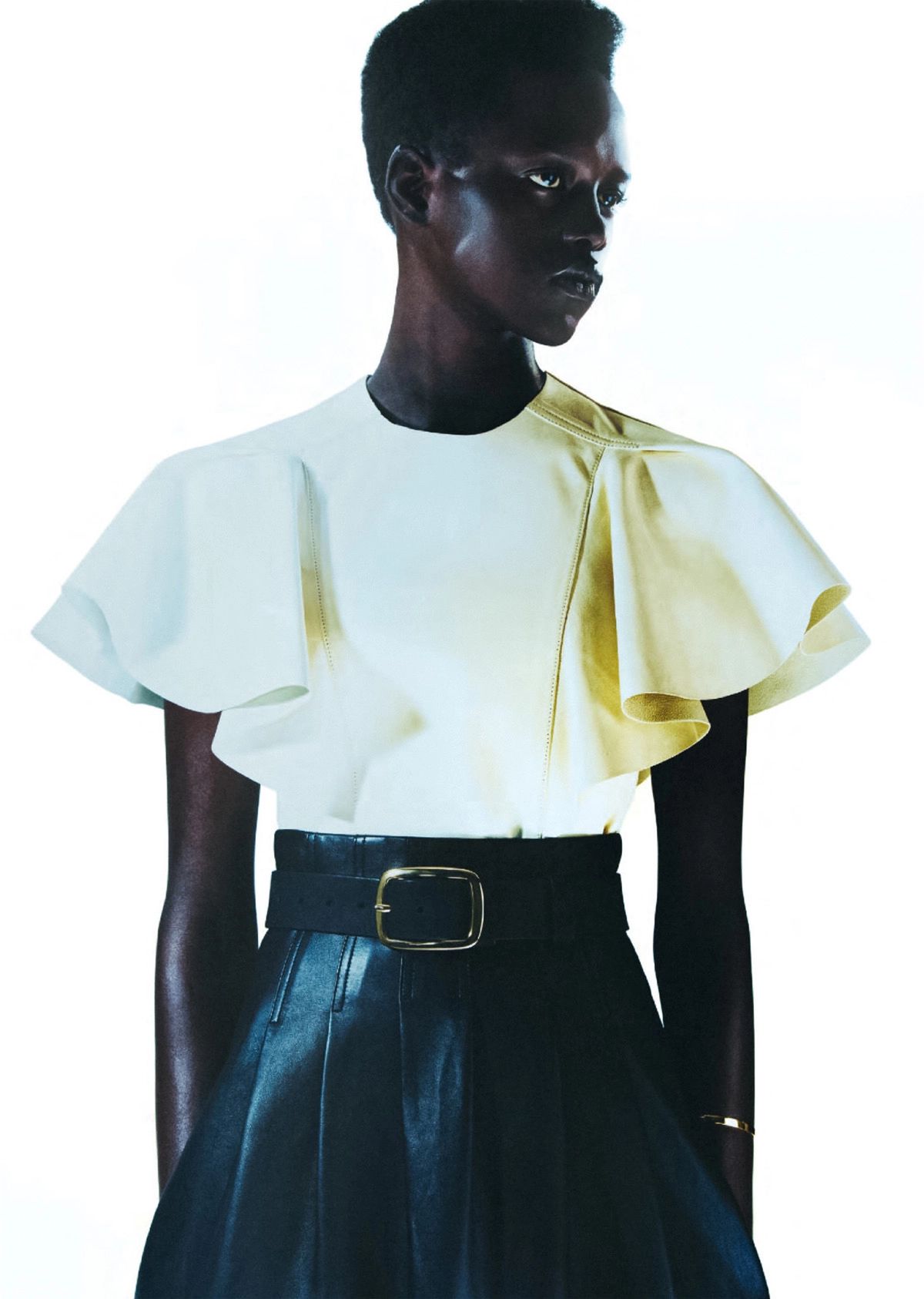 Alaato Jazyper by Thue Norgaard for British Vogue July 2022  Ruffled Leather Top by Chloe / Belted Leather Skirt by Chloe / Essential Bangle Bracelet by Monica Vinader