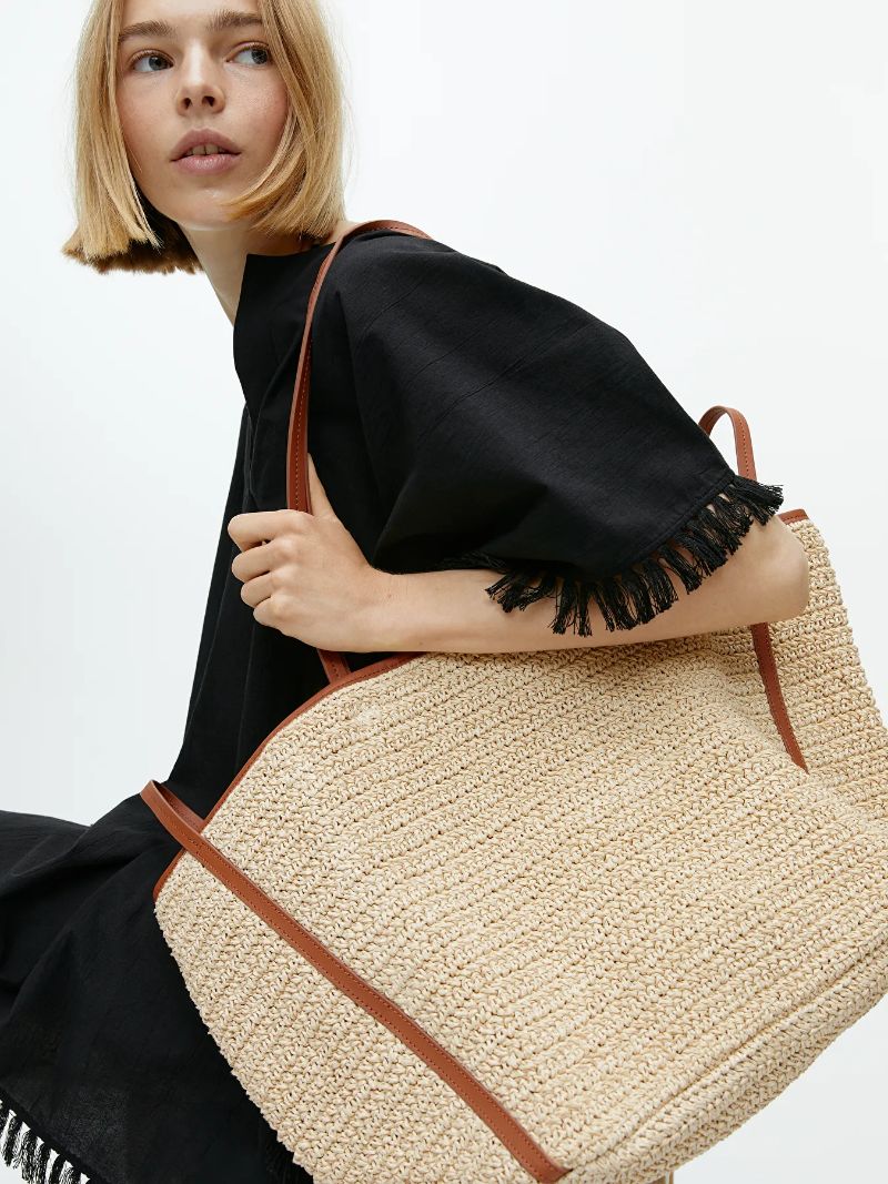 Leather Detailed Straw Tote - Beige Brown - ARKET 
