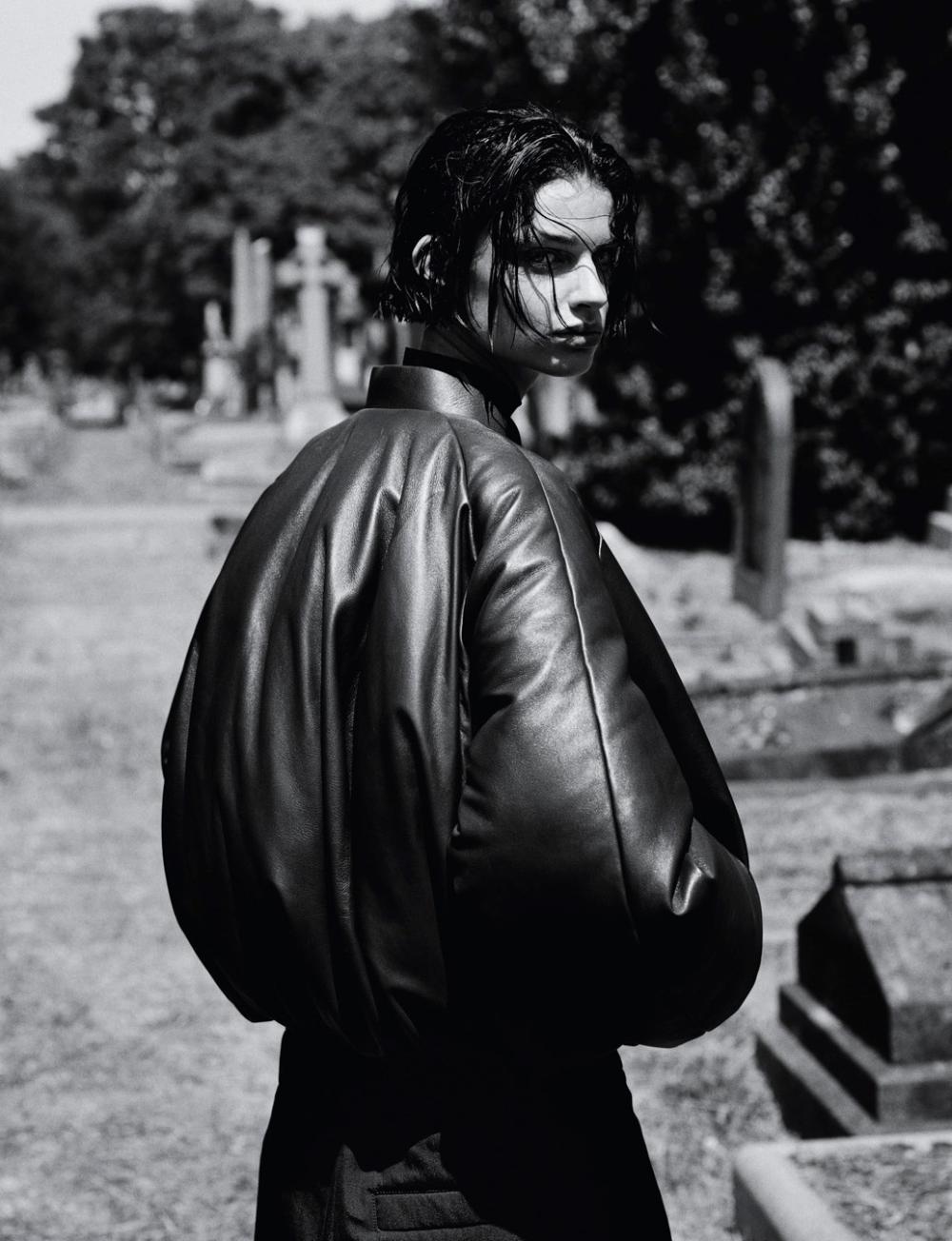 Mila van Eeten by Alasdair McLellan for Another Magazine Fall-Winter 2022 Leather bomber jacket by Loewe