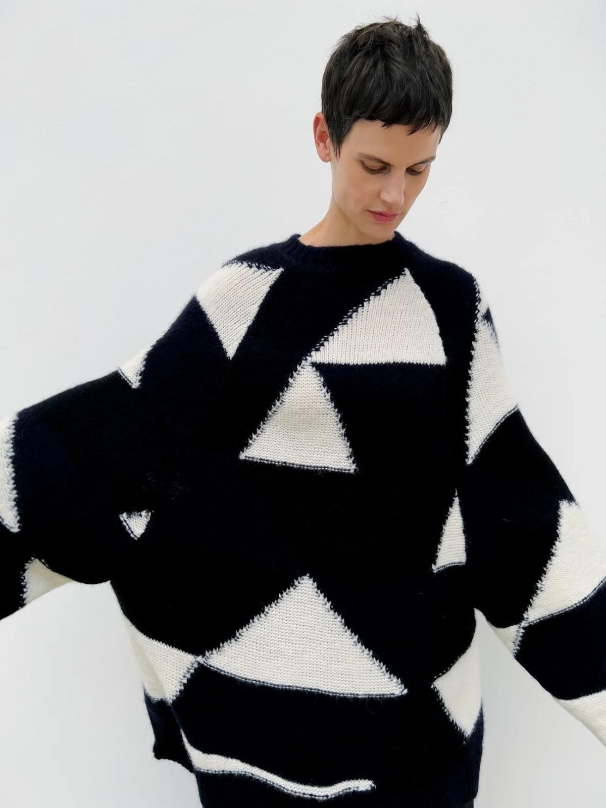 Raey Black Geometric patchwork oversized alpaca-blend sweater, Raey Black Wide-leg wool tapered trousers