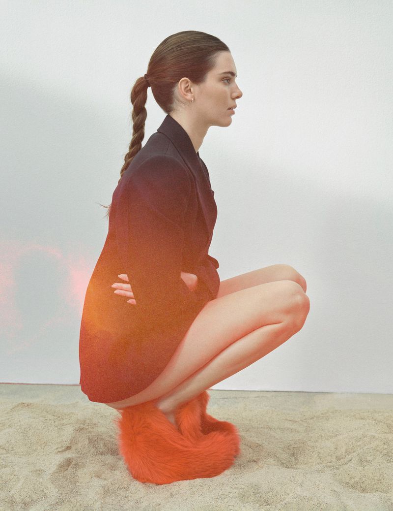 Bottega Veneta by Matthieu Blazy Black Blazer with Red Faux Fur Shoes