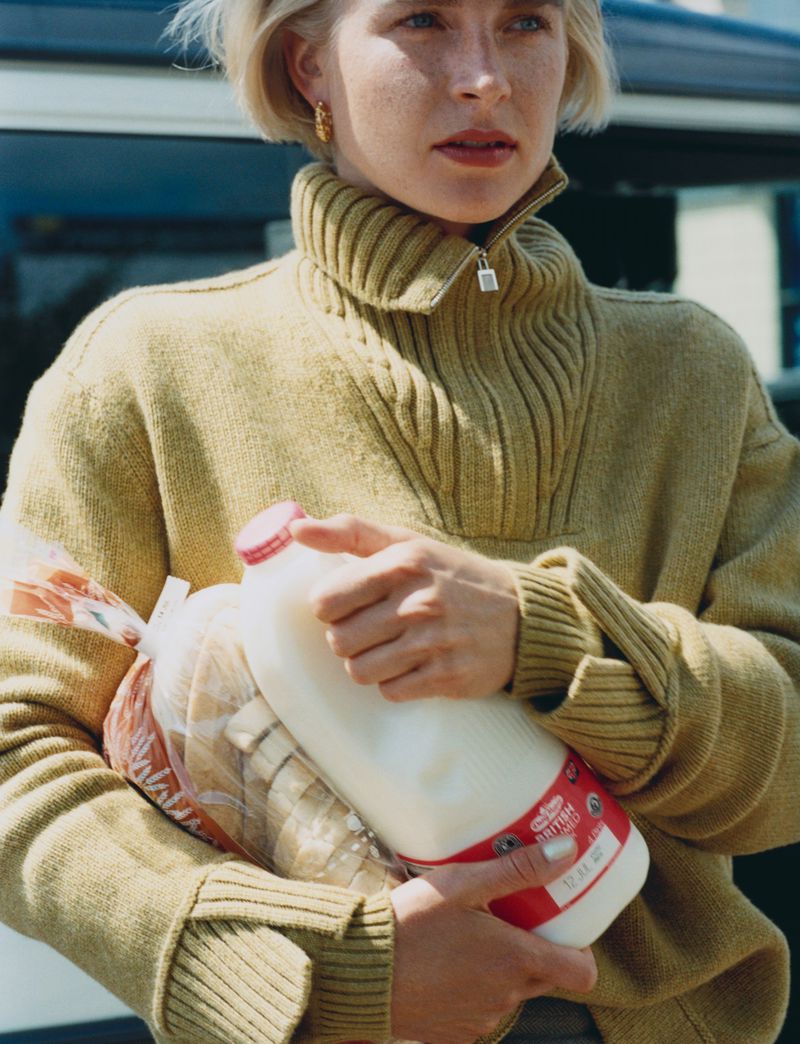 Steffi Cook by Paolo Zerbini for Muse Magazine Fall-Winter 2022 LORO PIANA Mustard Mélange cashmere sweater