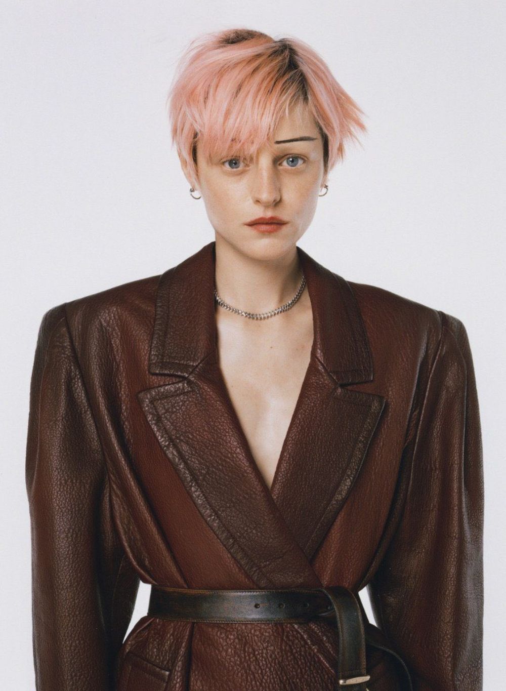 Emma Corrin in Miu Miu Leather Coat by Emily Lipson for The Cut Magazine October 2022