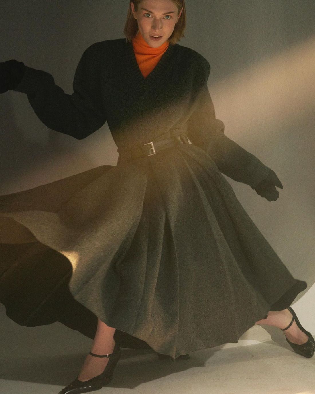 Prada Slate Gray Wool and cashmere V-neck sweater, midi-skirt and Red Turtleneck, Prada Black Brushed leather pumps Fashion Editorials