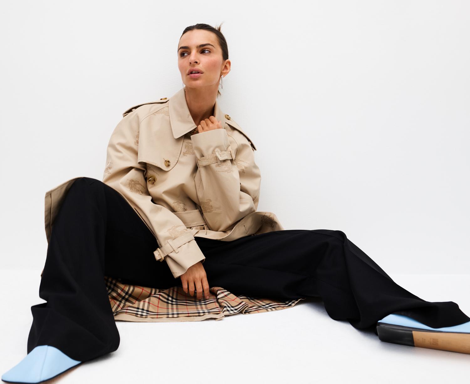 Emily Ratajkowski by Amy Troost for Harper’s Bazaar November 2022 Burberry Trench Coat Pants Net-a-Porter