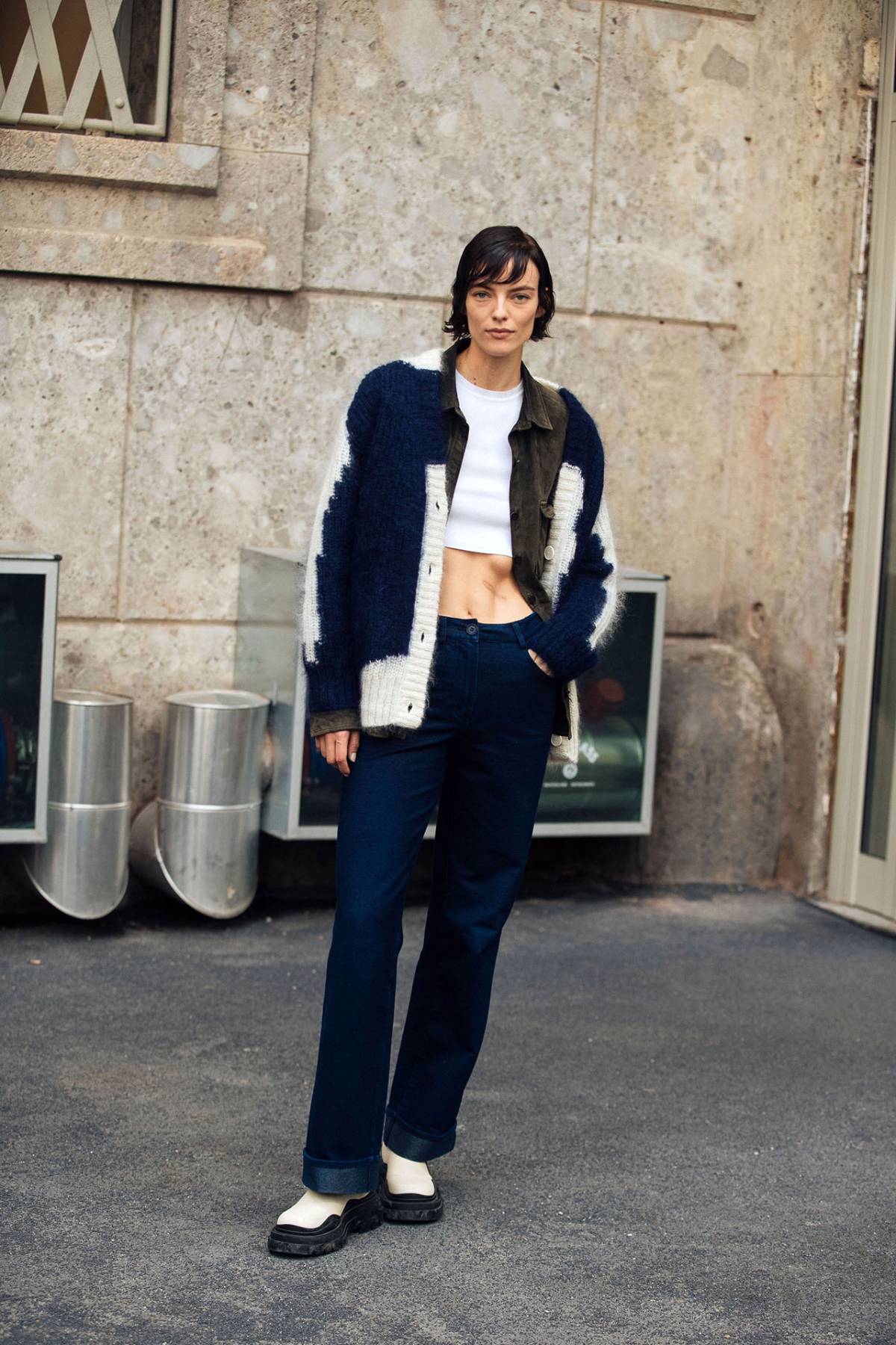 Beauise Ferwerda wears Bottega Veneta Off-White Low The Tire Chelsea Boots Outfit at Milan Fashion Week Spring-Summer 2023