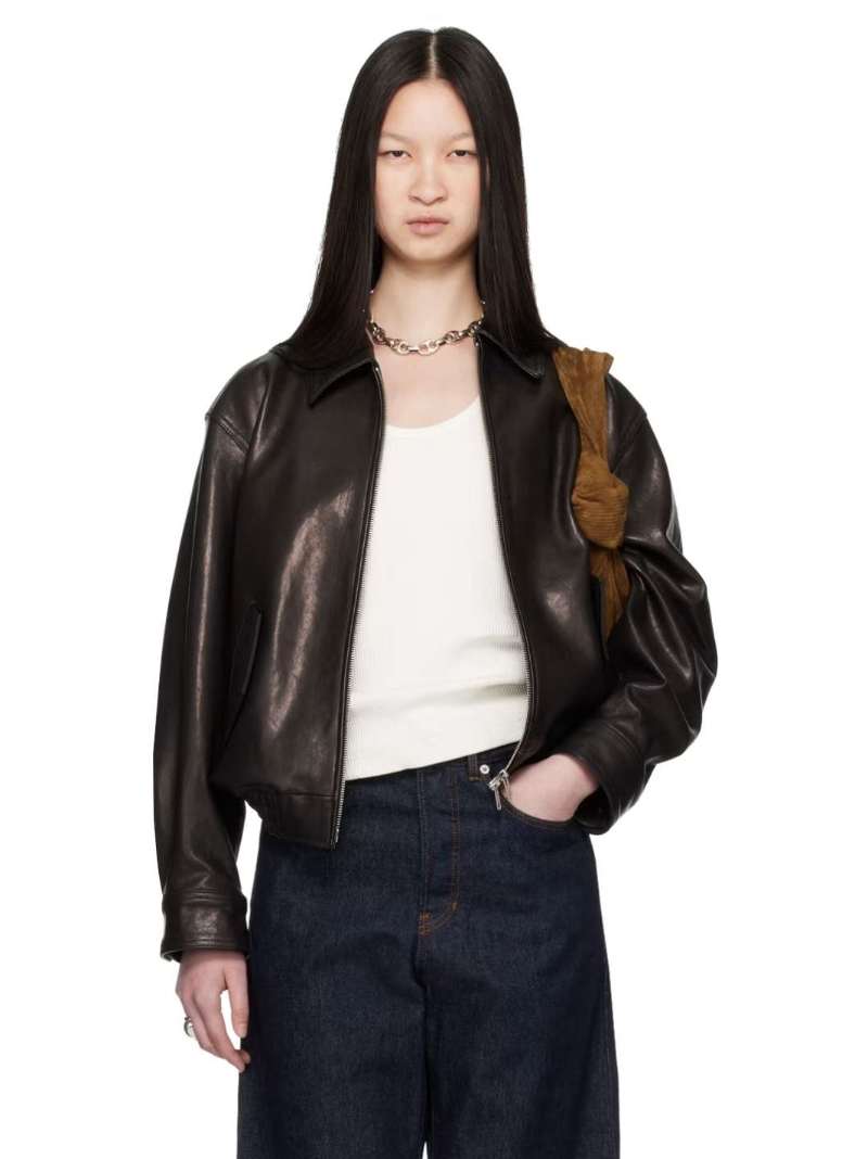 Black Spread Collar Leather Jacket by Dunst on Sale