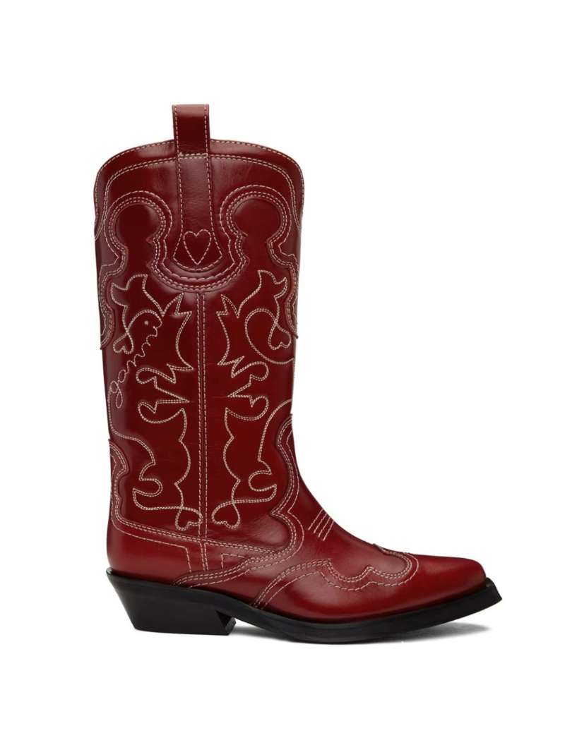 GANNI Red Mid Shaft Embroidered Western Boots  SSENSE