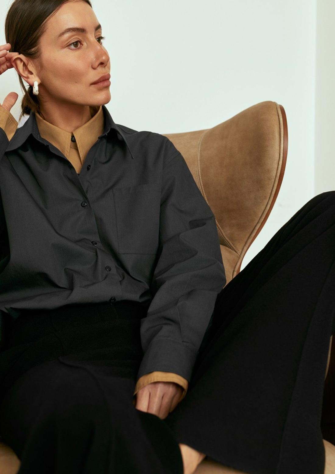 Minimal Fashion Julie Pelipas wears Bettter Reworked Black and Caramel Shirts and Black Pants