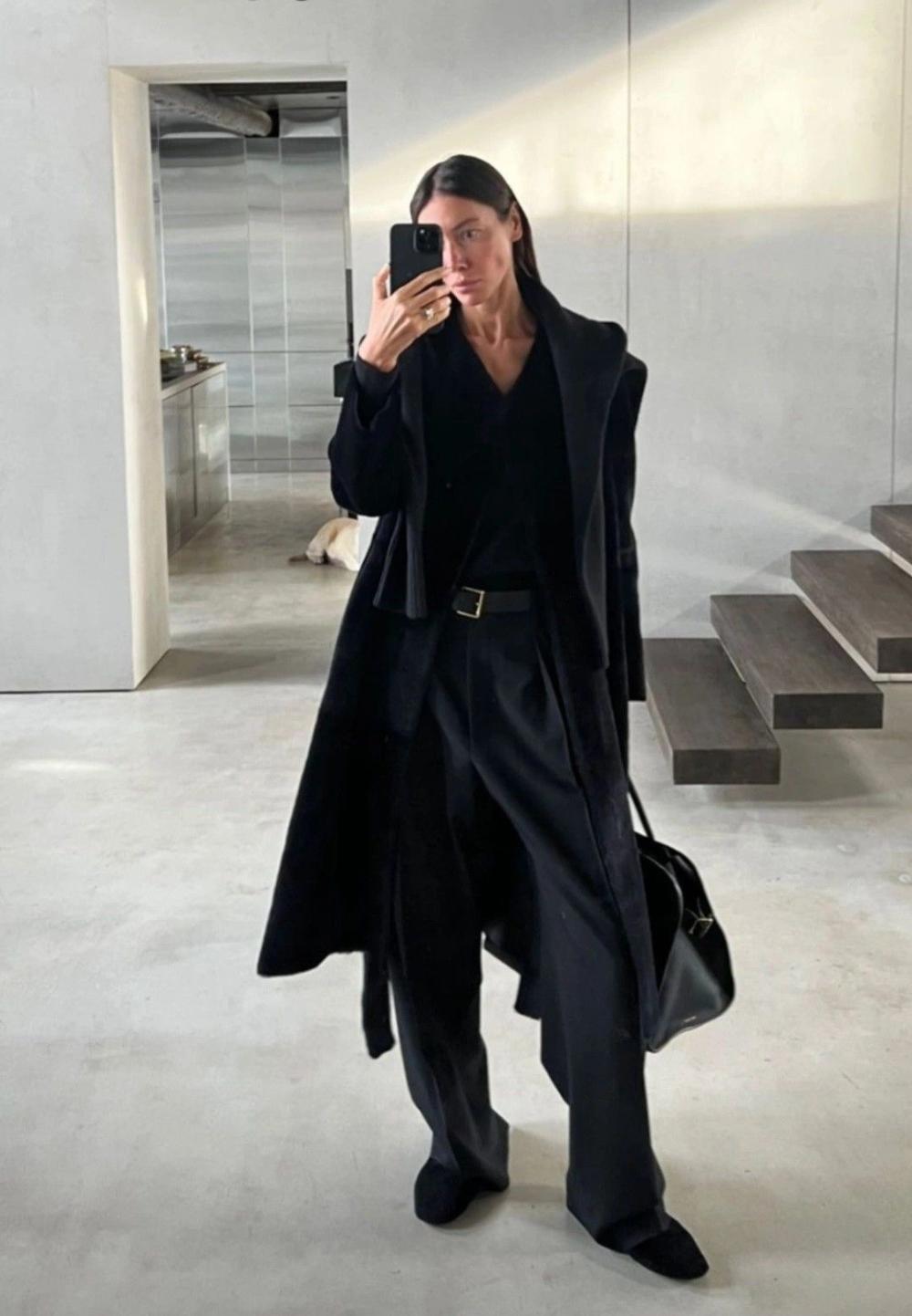 Black Coat, Black Trousers, The Row Bag Outfit