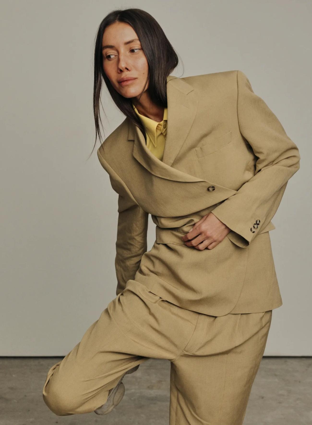 Julie Pelipas in Bettter Neutral Tailored Suit Minimal Style