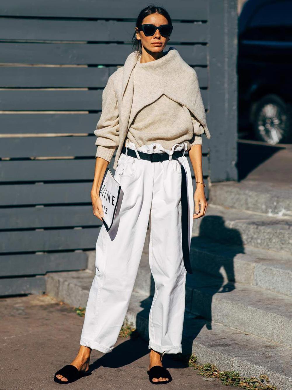 White Oversized Jeans with Belt and Double Jumper Layers, Celine Clutch Bag 