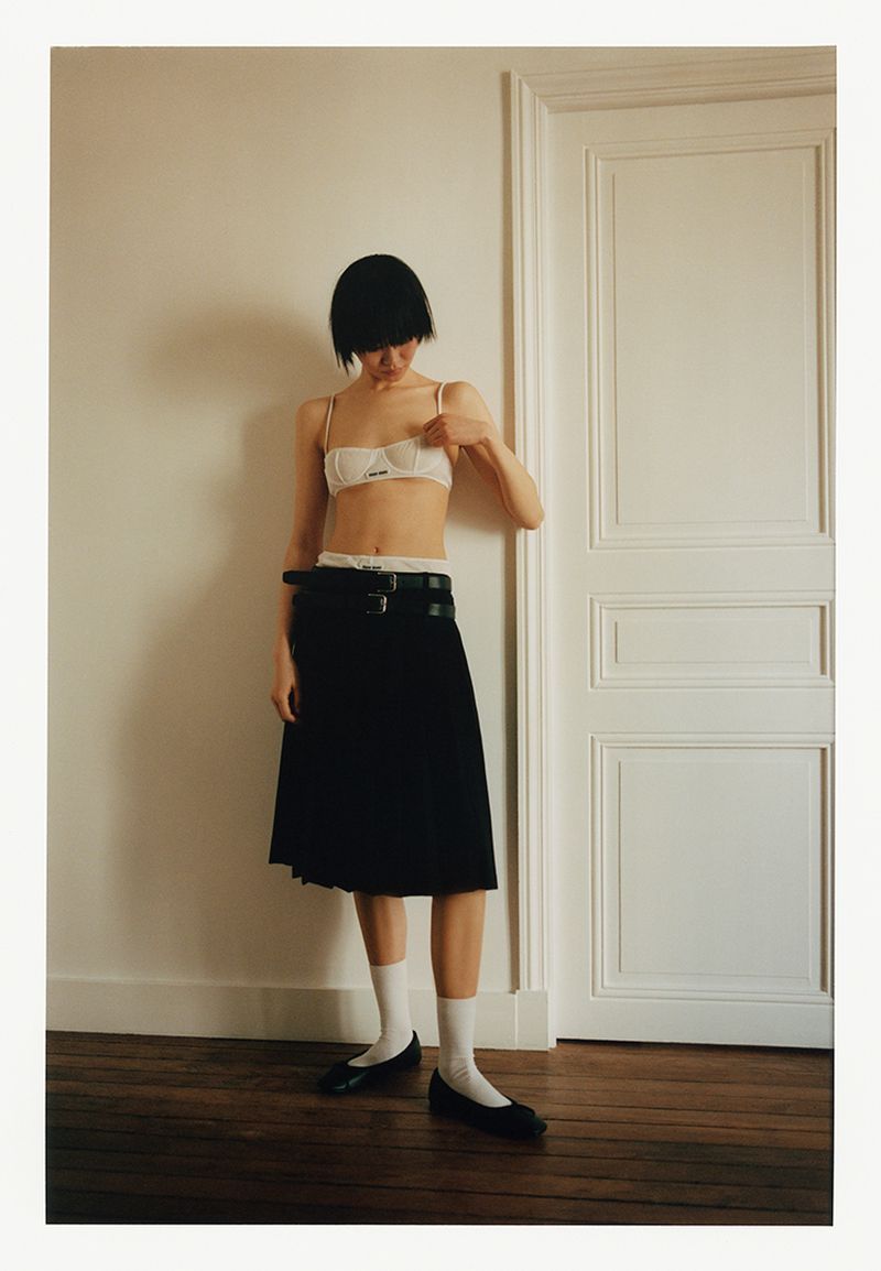 Bra and Underwear by Miu Miu, Skirt and Belts by The Frankie Shop