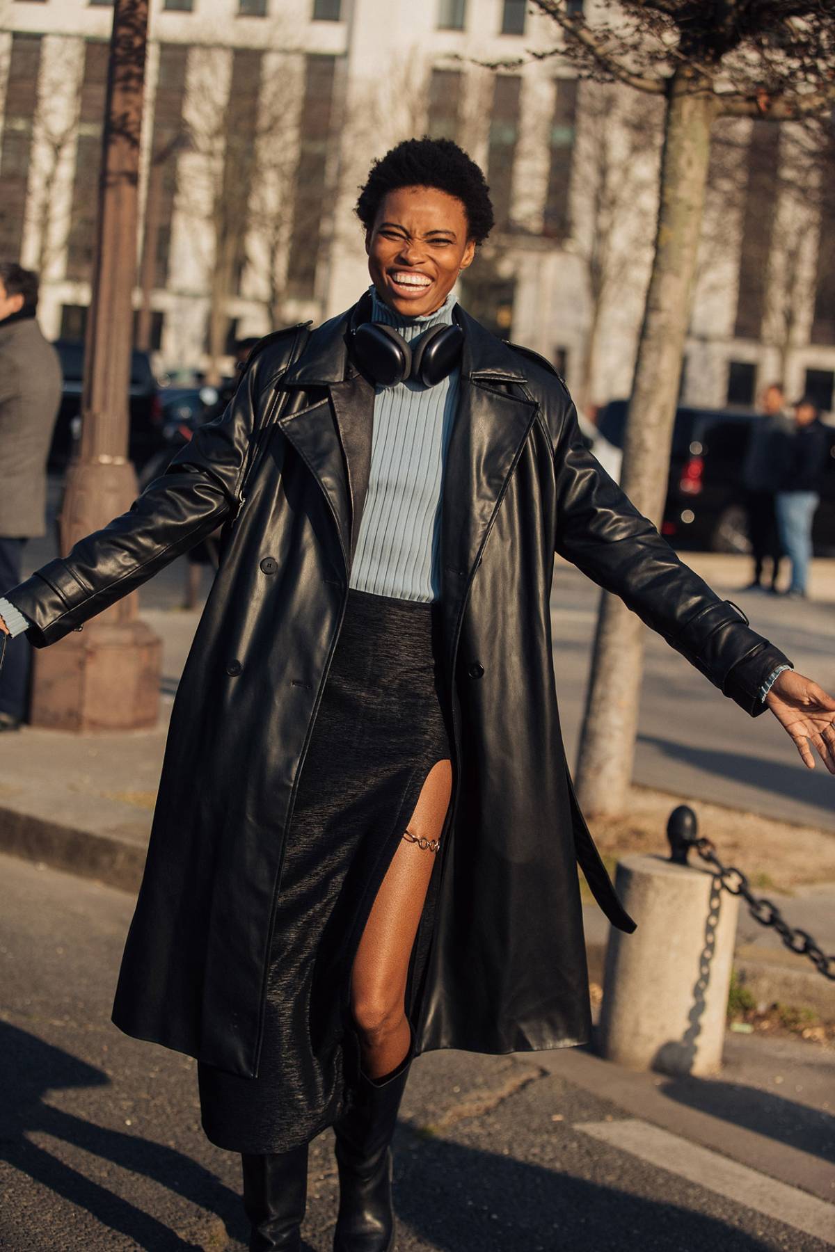 Raschelle Osbourne Black Leather Coat Street Style at Paris Fashion Week Fall-Winter 2023