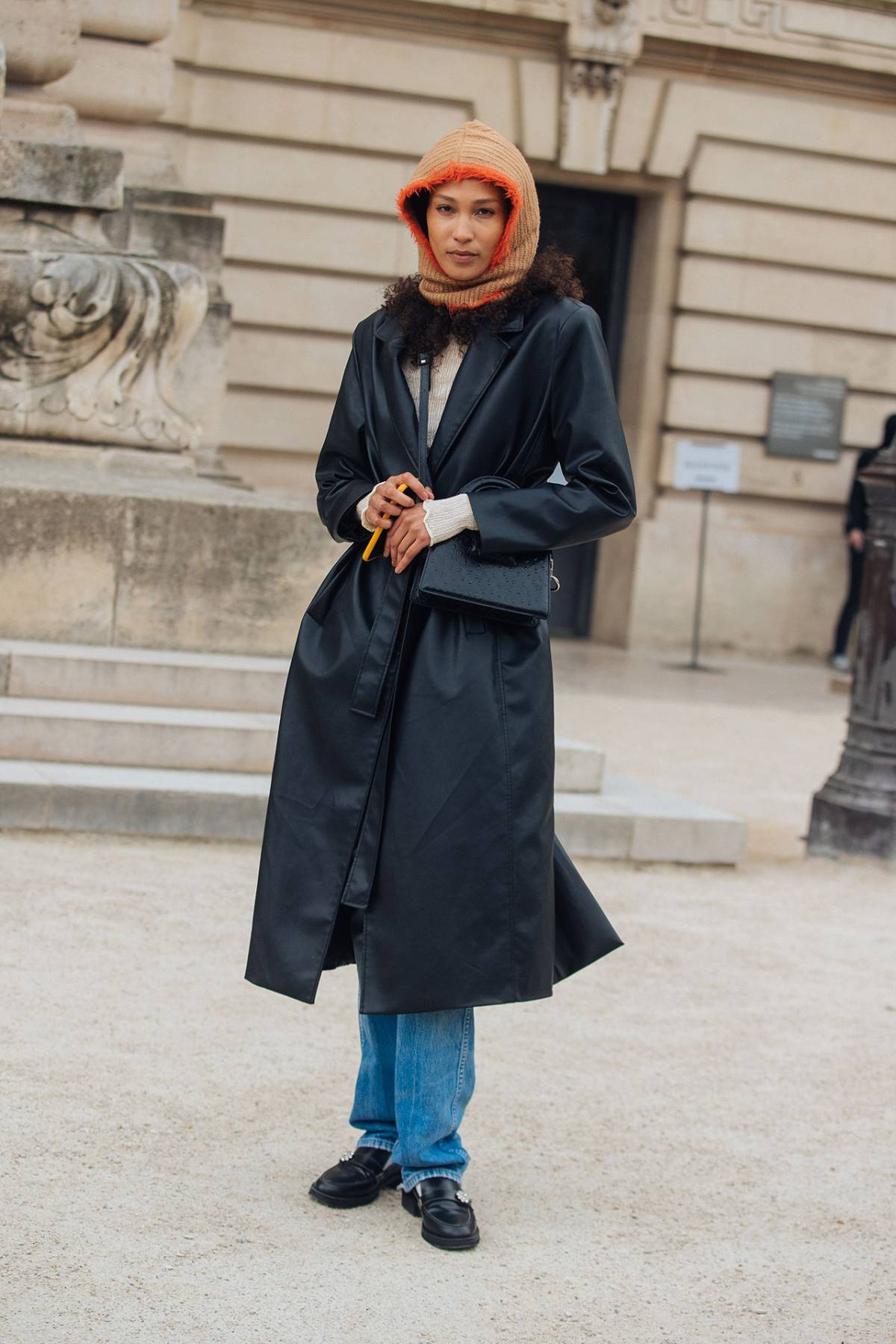 Sydney Acker Black Leather Coat Street Style at Paris Fashion Week Fall-Winter 2023