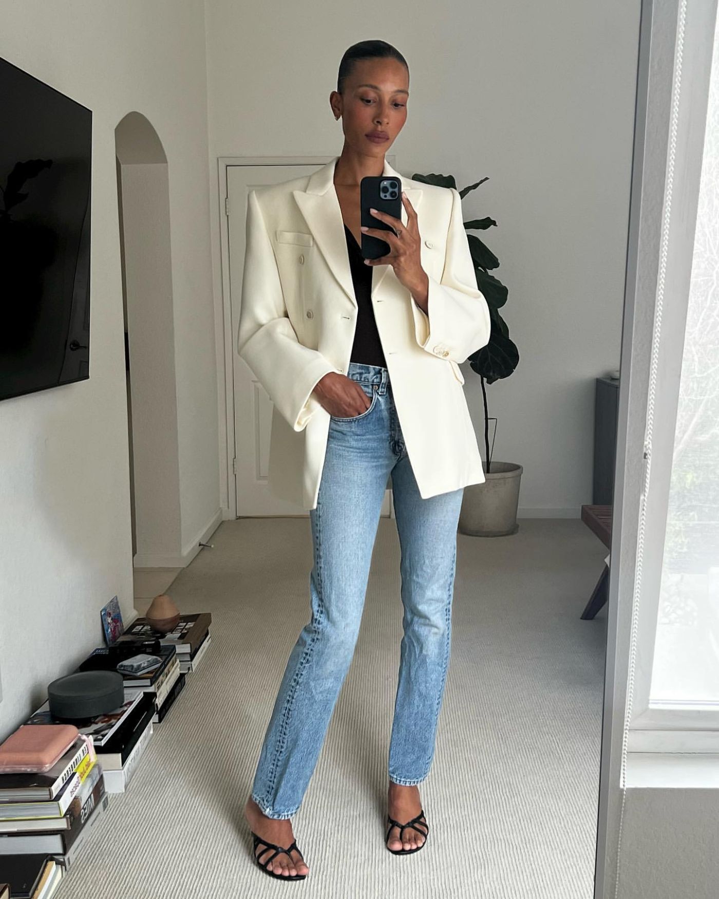 WARDROBE.NYC Off-White Double-Breasted Blazer, The Line by K Top, Vintage Levi’s, Manolo Blahnik Sandals